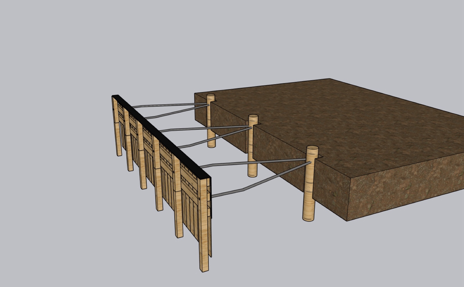 Bulkhead Construction on Lake Conroe & Greater Houston 1 bulkhead construction Lake Conroe — 3D rendering of a wood bulkhead with tie-back cable system and deadman anchor posts