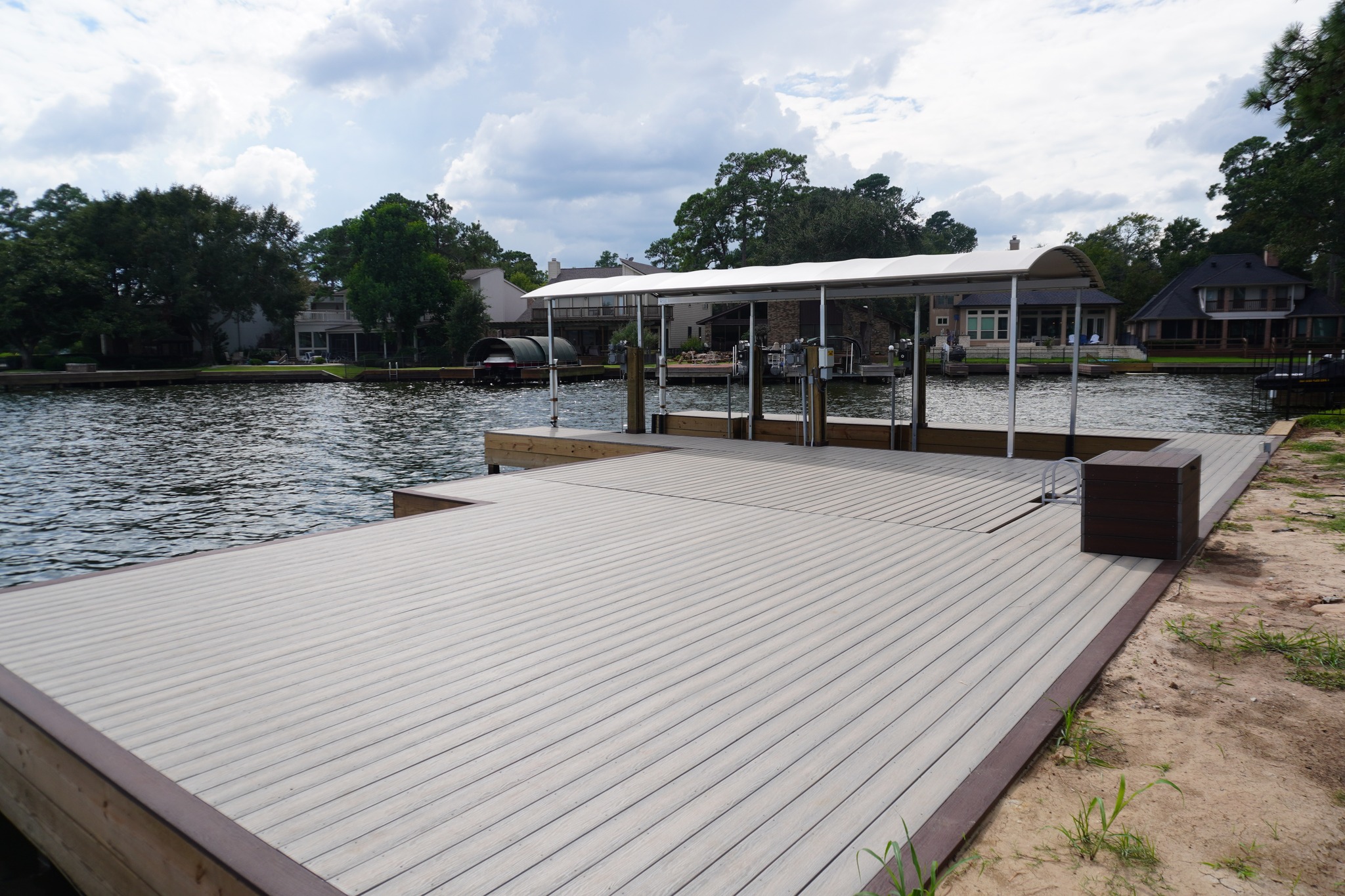 Dock Decking on Lake Conroe 1 dock decking Lake Conroe — completed composite dock with white canopy