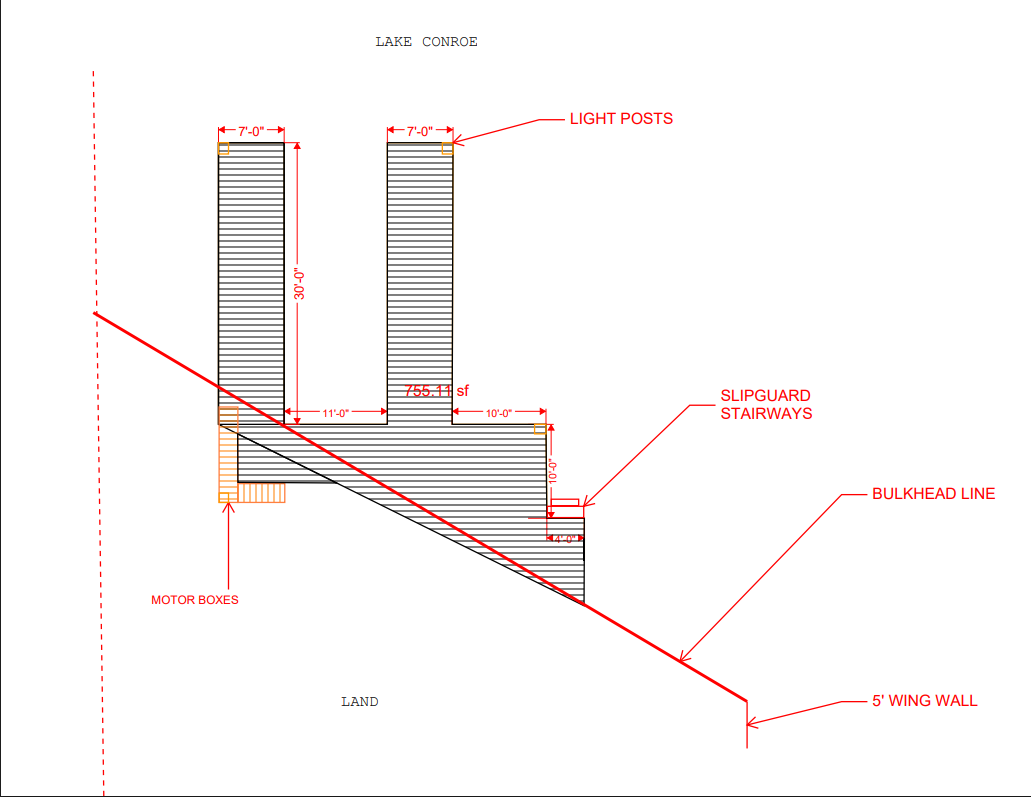 Boat Dock Construction on Lake Conroe 1 boat dock construction Lake Conroe — G&C custom dock 2D engineering drawing with dimensions and layout