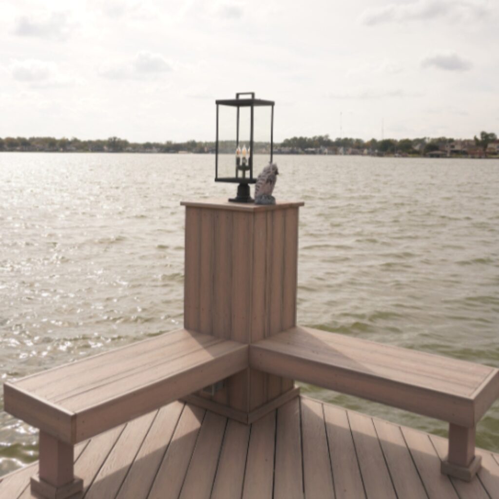Dock Accessories Lake Conroe: Stairs, Lighting, Seating & More 1 Composite dock corner bench seating overlooking Lake Conroe